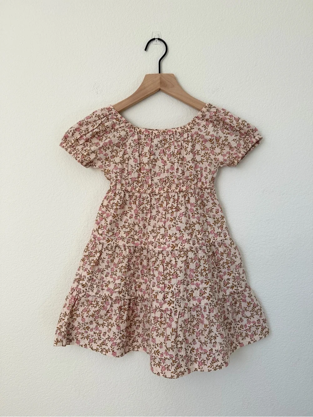 Quince Girls' Peach Floral Smocked Tiered Dress 3T